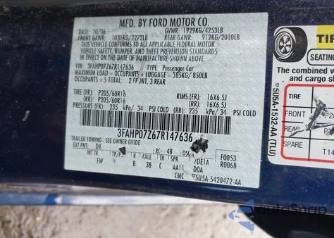 2007 Ford Fusion Se from USA, damaged, VIN 3FAHP07Z67R147636